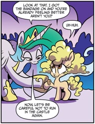 Size: 742x967 | Tagged: safe, artist:jay fosgitt, derpibooru import, idw, princess celestia, alicorn, earth pony, pony, g4, spoiler:comic, spoiler:comic50, bandage, cute, dialogue, duo, female, filly, foal, for the pony who has everything, mare, momlestia, speech bubble, sweet dreams fuel, unnamed character, unnamed pony, wholesome