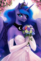 Size: 2816x4224 | Tagged: safe, derpibooru import, edit, editor:epsilonwolf, generator:purplesmart.ai, generator:stable diffusion, machine learning assisted, princess luna, alicorn, anthro, beautiful, bouquet, breasts, clothes, collar, crown, cute, day, dress, ethereal mane, eyebrows, eyelashes, eyeshadow, female, flower, flowing mane, garden, gloves, horn, jewelry, looking at you, loving gaze, lunabetes, majestic, makeup, mare, marriage, outdoors, reasonably sized breasts, regalia, smiling, smiling at you, solo, spread wings, tiara, wedding, wedding dress, wings