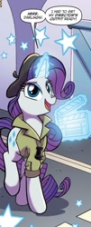 Size: 541x1334 | Tagged: safe, artist:tonyfleecs, derpibooru import, idw, rarity, pony, unicorn, g4, spoiler:comic, spoiler:comic66, beret, clothes, female, glowing, glowing horn, hat, horn, levitation, magic, mare, shirt, solo, telekinesis