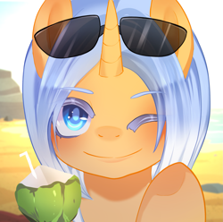 Size: 1873x1856 | Tagged: safe, artist:moocca, derpibooru import, oc, oc:aurore soleilevant, pony, unicorn, avatar, beach, coconut, food, horn, orange coat, smiling, solo, summer, sunglasses, unicorn oc