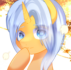 Size: 1890x1858 | Tagged: safe, artist:moocca, derpibooru import, oc, oc:aurore soleilevant, pony, unicorn, autumn, avatar, horn, maple leaf, orange coat, smiling, solo, unicorn oc