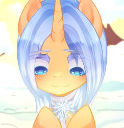 Size: 1884x1935 | Tagged: safe, artist:moocca, derpibooru import, oc, oc:aurore soleilevant, pony, unicorn, avatar, horn, looking down, orange coat, smiling, snow, snowflake, solo, unicorn oc, winter