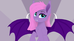 Size: 1920x1080 | Tagged: safe, artist:puginpocket, derpibooru import, oc, bat pony, bat pony oc, blue eyes, eyelashes, female, happy, looking at you, mare, pink mane, purple coat, purple wings, smiling, solo, wings