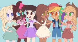 Size: 1023x560 | Tagged: safe, artist:cloudofalltrades, derpibooru import, applejack, fluttershy, pinkie pie, rainbow dash, rarity, twilight sparkle, human, equestria girls, dark skin, freckles, humane five, humane six, humanized, light skin, mane six, moderate dark skin, pixel art, tan skin, vitiligo