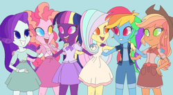 Size: 1023x560 | Tagged: safe, artist:cloudofalltrades, derpibooru import, applejack, fluttershy, pinkie pie, rainbow dash, rarity, sci-twi, twilight sparkle, equestria girls, humane five, humane six, mane six