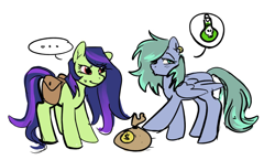 Size: 1280x744 | Tagged: safe, artist:taika403, derpibooru import, oc, oc only, oc:adele, oc:dangling flask, earth pony, pegasus, pony, bag, cute, ear piercing, earth pony oc, money, money bag, pegasus oc, piercing, poison, saddle bag, simple background, sweat, white background