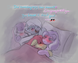 Size: 1920x1561 | Tagged: safe, artist:anonyxnugax, derpibooru import, apple bloom, diamond tiara, silver spoon, sweetie belle, earth pony, pony, unicorn, bed, blushing, blushing profusely, cuddling, dialogue, diamondbloom, female, in bed, lesbian, mare, older, older apple bloom, older diamond tiara, older silver spoon, older sweetie belle, open mouth, open smile, pillow, shipping, silverbelle, sleeping, smiling, unamused