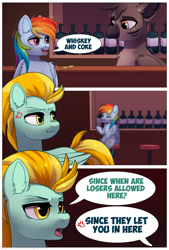 Size: 1270x1884 | Tagged: safe, artist:dinoalpaka, derpibooru import, lightning dust, rainbow dash, griffon, pegasus, pony, comic:adventures rainbow dash, comic, cross-popping veins, dialogue, drink, emanata, female, male, mare, open mouth, speech bubble, wavy mouth, wings