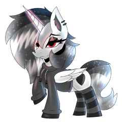 Size: 1000x1016 | Tagged: safe, artist:zadrex, derpibooru import, oc, oc only, alicorn, 2023 community collab, alicorn oc, clothes, cutie mark, derpibooru community collaboration, ear piercing, heart, hoodie, horn, long mane, piercing, red eyes, simple background, solo, sparkly mane, stockings, thigh highs, transparent background, wings