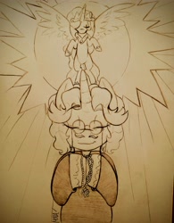 Size: 3082x3951 | Tagged: safe, artist:dsstoner, fancypants, princess celestia, alicorn, pony, unicorn, alternate universe, bowing, clothes, crepuscular rays, eyes closed, flying, glasses, goddess, praise the sun, praying, priest, rosary, spread wings, sun, traditional art, wings