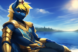 Size: 3072x2048 | Tagged: safe, derpibooru import, machine learning generated, oc, oc only, oc:thunder lightning, anthro, armor, crown, jewelry, looking at you, regalia