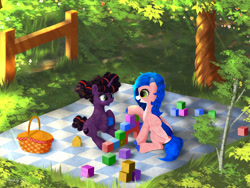 Size: 2400x1800 | Tagged: safe, artist:darksly, derpibooru import, oc, oc only, pegasus, pony, unicorn, basket, building blocks, horn, pegasus oc, picnic basket, picnic blanket, tree, unicorn oc