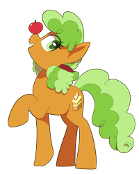 Size: 800x1000 | Tagged: safe, artist:thebatfang, derpibooru import, apple brown betty, earth pony, pony, apple, apple family member, balancing, female, food, mare, open mouth, open smile, ponies balancing stuff on their nose, simple background, smiling, solo, transparent background