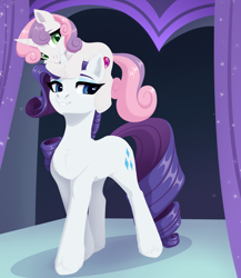 Size: 1732x2000 | Tagged: safe, artist:nika-rain, derpibooru import, rarity, sweetie belle, pony, unicorn, belle sisters, commission, cute, duo, female, filly, foal, looking at you, looking to side, looking to the left, mare, pony hat, riding, siblings, sisters, smiling, sweetie belle riding rarity