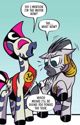 Size: 750x1170 | Tagged: safe, artist:andypriceart, derpibooru import, idw, marini, zecora, zebra, g4, spoiler:comic90, dialogue, duo, emanata, faic, female, gradient background, mare, mayor, season 10, speech bubble