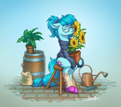 Size: 4170x3698 | Tagged: safe, artist:helmie-art, derpibooru import, oc, oc only, oc:whispy slippers, earth pony, pony, barrel, chair, clothes, ear fluff, ears, earth pony oc, eyes closed, female, flower, flower pot, glasses, male, mare, plant, sitting, slippers, socks, solo, stool, sunflower, sweater, trowel, watering can