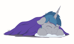 Size: 2000x1172 | Tagged: safe, artist:arcane-thunder, derpibooru import, oc, oc only, oc:arcane thunder, pony, unicorn, blanket, eyes closed, horn, male, pillow, simple background, smiling, solo, stallion, unicorn oc, white background