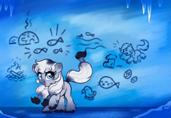 Size: 2535x1756 | Tagged: safe, artist:confetticakez, derpibooru import, oc, oc only, oc:arctic ink, earth pony, pony, cave painting, cute, earth pony oc, female, filly, foal, looking at you, open mouth, open smile, raised hoof, raised leg, smiling, smiling at you, snowpony (species), solo, taiga pony, unshorn fetlocks, yakutian horse