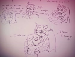 Size: 4101x3109 | Tagged: safe, artist:dsstoner, idw, fancypants, pinkie pie, earth pony, unicorn, reflections, alternate universe, clothes, comic, crying, fur coat, hug, implied shipping, magic, magic aura, sitting, sitting on lap, text, traditional art