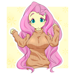 Size: 5000x5000 | Tagged: safe, artist:zemlya, derpibooru import, fluttershy, human, equestria girls, breasts, clothes, female, hootershy, solo, sweater, sweatershy