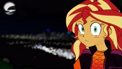 Size: 3840x2160 | Tagged: safe, artist:glim_gg, derpibooru import, sunset shimmer, equestria girls, blushing, cloud, female, looking at you, moon, night, solo