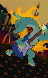 Size: 4000x6500 | Tagged: safe, artist:jsacos, derpibooru import, tianhuo, dragon, hybrid, longma, art pack:tianhuo art pack, them's fightin' herds, community related, electric guitar, eyes closed, guitar, musical instrument, scaled underbelly, solo, tail, wings