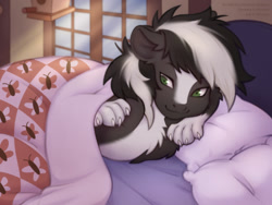 Size: 1120x840 | Tagged: safe, alternate version, artist:eltaile, derpibooru import, oc, oc only, oc:zenawa skunkpony, pony, skunk, skunk pony, bed, blanket, comfy, commission, lazy, lying, male, pillow, solo