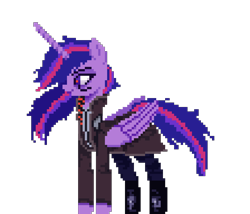 Size: 1120x960 | Tagged: safe, artist:menalia, derpibooru import, twilight sparkle, twilight sparkle (alicorn), alicorn, pony, boots, clothes, cyberpunk, female, horn, jacket, looking at something, mare, pants, pixel art, shirt, shoes, simple background, solo, standing, transparent background, wings