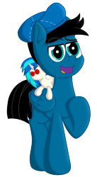 Size: 3604x6600 | Tagged: safe, artist:agkandphotomaker2000, derpibooru import, dj pon-3, vinyl scratch, oc, oc only, oc:pony video maker, pegasus, pony, 2023 community collab, derpibooru community collaboration, director's hat, eyebrows, eyebrows visible through hair, folded wings, hoof on chest, looking at you, male, open mouth, pegasus oc, plushie, simple background, solo, transparent background, tumblr, wings