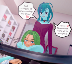 Size: 1230x1080 | Tagged: safe, artist:stellarwools, derpibooru import, sonata dusk, oc, fish, equestria girls, 3d, canon x oc, clothes, dialogue, female, koi, koikatsu, leg lock, male, shipping, speech bubble, straight, tights