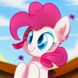 Size: 512x512 | Tagged: safe, derpibooru exclusive, derpibooru import, editor:jasmindreasond, generator:stable diffusion, machine learning generated, pinkie pie, pony, blue eyes, cute, female, flower, mare, simple background, smiling, solo