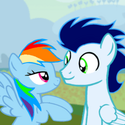 Size: 720x720 | Tagged: safe, artist:mlplary6, derpibooru import, rainbow dash, soarin', pegasus, pony, animated, eyes closed, female, gif, heart, kiss on the cheek, kissing, looking at each other, looking at someone, love, male, mare, shipping, smiling, smiling at each other, soarindash, stallion, straight