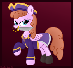 Size: 3150x2956 | Tagged: safe, artist:rainbowšpekgs, derpibooru import, jetstream, pegasus, pony, chest fluff, clothes, eyebrows, female, folded wings, gradient background, hat, high res, looking at you, mare, mouth hold, pirate, pirate hat, raised hoof, raised leg, signature, solo, standing, sword, weapon, wings