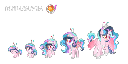 Size: 5000x2500 | Tagged: safe, artist:stellamoonshineyt, derpibooru import, oc, oc:euthanasia, alicorn, hybrid, pony, age progression, antennae, baby, baby pony, base used, crown, female, filly, foal, folded wings, heterochromia, hoof shoes, interspecies offspring, jewelry, leonine tail, mare, offspring, parent:discord, parent:princess celestia, parents:dislestia, partially open wings, peytral, red pupils, regalia, simple background, spread wings, tail, teenager, transparent background, wings