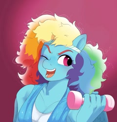 Size: 1051x1093 | Tagged: safe, artist:aztrial, derpibooru import, rainbow dash, anthro, pegasus, 80s, 80s hair, alternate hairstyle, clothes, cute, dashabetes, dumbbell (object), female, gradient background, headband, mare, olivia newton-john, one eye closed, open mouth, open smile, red background, simple background, smiling, solo, tanktop, towel, weights, wink