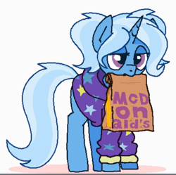 Size: 785x782 | Tagged: artist needed, source needed, useless source url, safe, derpibooru import, trixie, pony, unicorn, alternate hairstyle, babysitter trixie, clothes, female, food, hoodie, lidded eyes, mare, mcdonald's, mouth hold, simple background, solo, tired, white background