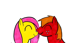 Size: 1080x600 | Tagged: safe, artist:ponyplays, derpibooru import, edit, big macintosh, fluttershy, earth pony, pegasus, pony, boop, cropped, eyes closed, female, fluttermac, male, noseboop, nuzzling, shipping, simple background, smiling, stallion, straight, traditional art, white background