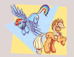 Size: 3300x2550 | Tagged: safe, artist:macariaa, derpibooru import, applejack, rainbow dash, earth pony, pegasus, pony, abstract background, cloven hooves, collar, duo, ear piercing, earring, female, flying, jewelry, looking at each other, looking at someone, mare, piercing, rearing, smiling, spiked collar