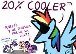 Size: 4093x2894 | Tagged: safe, artist:julunis14, derpibooru import, fluttershy, rainbow dash, rarity, twilight sparkle, unicorn twilight, pegasus, pony, unicorn, series:my little honses, suited for success, 20% cooler, :v, chest fluff, complaining, darling, dialogue, digital art, female, frazzled hair, glasses, high res, implied princess luna, mare, misspelling, open mouth, parody, rarity's glasses, scene interpretation, silly, simple background, sunglasses, trademark, white background