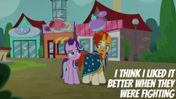 Size: 1920x1080 | Tagged: safe, derpibooru import, edit, edited screencap, editor:quoterific, screencap, starlight glimmer, sunburst, pony, unicorn, the parent map, beard, blaze (coat marking), cloak, clothes, coat markings, duo, duo male and female, facial hair, facial markings, female, frown, glasses, implied firelight, implied stellar flare, looking at each other, looking at someone, male, mare, messy mane, socks (coat marking), stallion, starlight glimmer is not amused, sunburst is not amused, sunburst's cloak, sunburst's glasses, unamused