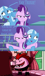 Size: 1280x2144 | Tagged: safe, derpibooru import, edit, edited screencap, screencap, starlight glimmer, trixie, all bottled up, ears, floppy ears, kaput, kaput and zosky, meme, trixie's puppeteering