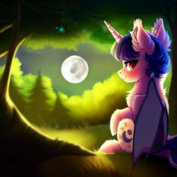 Size: 512x512 | Tagged: safe, derpibooru import, generator:stable diffusion, machine learning generated, alicorn, bat pony, bat pony alicorn, bat wings, blushing, chest fluff, ear fluff, ears, forest, forest background, horn, moon, night, wings