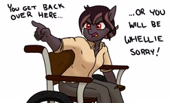 Size: 3000x1800 | Tagged: safe, artist:pony quarantine, derpibooru import, oc, oc only, oc:chisel hammer, anthro, earth pony, dialogue, female, mare, pointing, pun, simple background, solo, wheelchair, white background