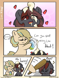 Size: 1000x1333 | Tagged: safe, artist:grithcourage, derpibooru import, oc, oc:grith courage, oc:kappu kyrana, earth pony, pony, ><, ahegao, bonk, comic, dialogue, earth pony oc, eyes closed, heart, heart eyes, holding, horny jail, meme, milk, not porn, open mouth, simple background, text, tongue, tongue out, tsundere, wingding eyes