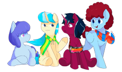 Size: 2177x1286 | Tagged: safe, artist:dariosparks, derpibooru import, oc, oc only, oc:navy plight, oc:peaceful shore, oc:stilbruch tingle, oc:warm spark, earth pony, pegasus, pony, unicorn, 2023 community collab, accessories, blue eyes, blue hair, camouflage, clothes, derpibooru community collaboration, earth pony oc, glowing, glowing horn, goggles, group, horn, lying down, open mouth, open smile, pegasus oc, pink eyes, purple hair, red hair, scarf, simple background, sitting, smiling, standing, striped scarf, transparent background, two toned mane, unicorn oc