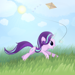 Size: 2000x2000 | Tagged: safe, artist:candy meow, derpibooru import, starlight glimmer, pony, unicorn, :d, cloud, cloudy, female, grass, grass field, high res, kite, mare, open mouth, open smile, running, smiling, solo, that pony sure does love kites