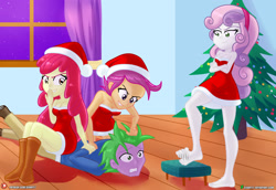 Size: 2000x1373 | Tagged: safe, artist:dieart77, derpibooru import, apple bloom, scootaloo, spike, sweetie belle, human, equestria girls, barefoot, breasts, christmas, commission, cutie mark crusaders, feet, female, foot tapping, gritted teeth, hat, holiday, human spike, humanized, male, older, restrained, santa hat, sitting on person, tapping, teeth