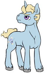 Size: 800x1200 | Tagged: safe, artist:multiverseequine, derpibooru exclusive, derpibooru import, oc, oc only, oc:tristar, pony, unicorn, blonde, daybreak island, full body, hooves, horn, looking back, male, purple eyes, simple background, solo, stallion, standing, sternocleidomastoid, transparent background, unicorn oc, unshorn fetlocks