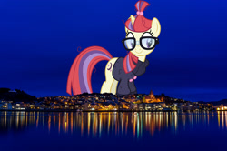 Size: 2048x1361 | Tagged: safe, artist:dashiesparkle, derpibooru import, moondancer, pony, unicorn, clothes, female, giant pony, giant unicorn, giantess, glasses, highrise ponies, irl, kristiansund, macro, mare, mega giant, mega/giant moondancer, norway, photo, ponies in real life, sweater