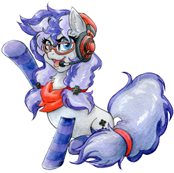 Size: 3640x3612 | Tagged: safe, artist:invalid-david, derpibooru import, oc, oc only, oc:cinnabyte, earth pony, pony, 2023 community collab, clothes, derpibooru community collaboration, earth pony oc, female, gaming headset, glasses, headphones, headset, high res, mare, microphone, open mouth, open smile, raised hoof, raised leg, simple background, sitting, smiling, socks, solo, striped socks, traditional art, transparent background, watercolor painting